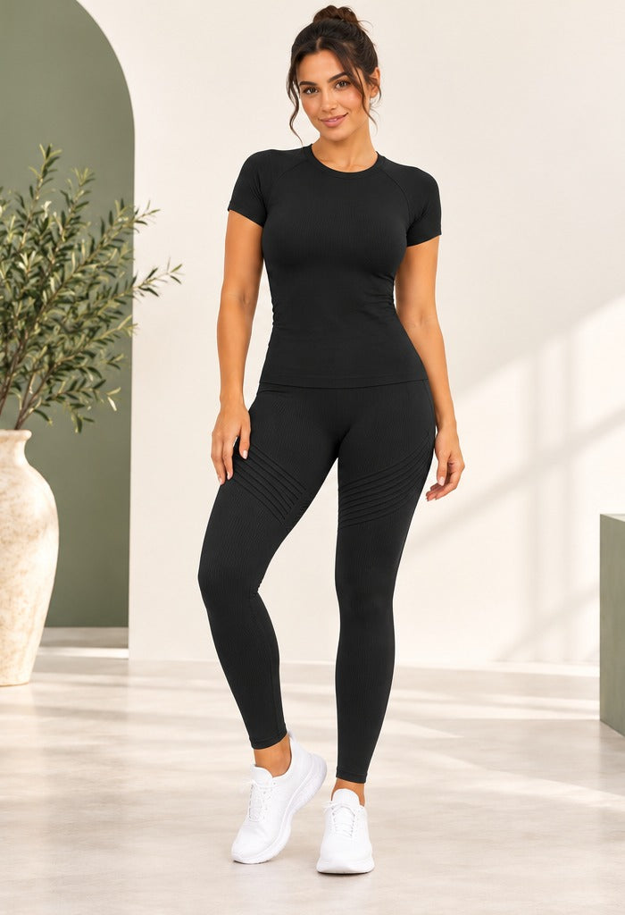 Set Vivazee nero: leggings scolpenti 3D e t-shirt senza cuciture