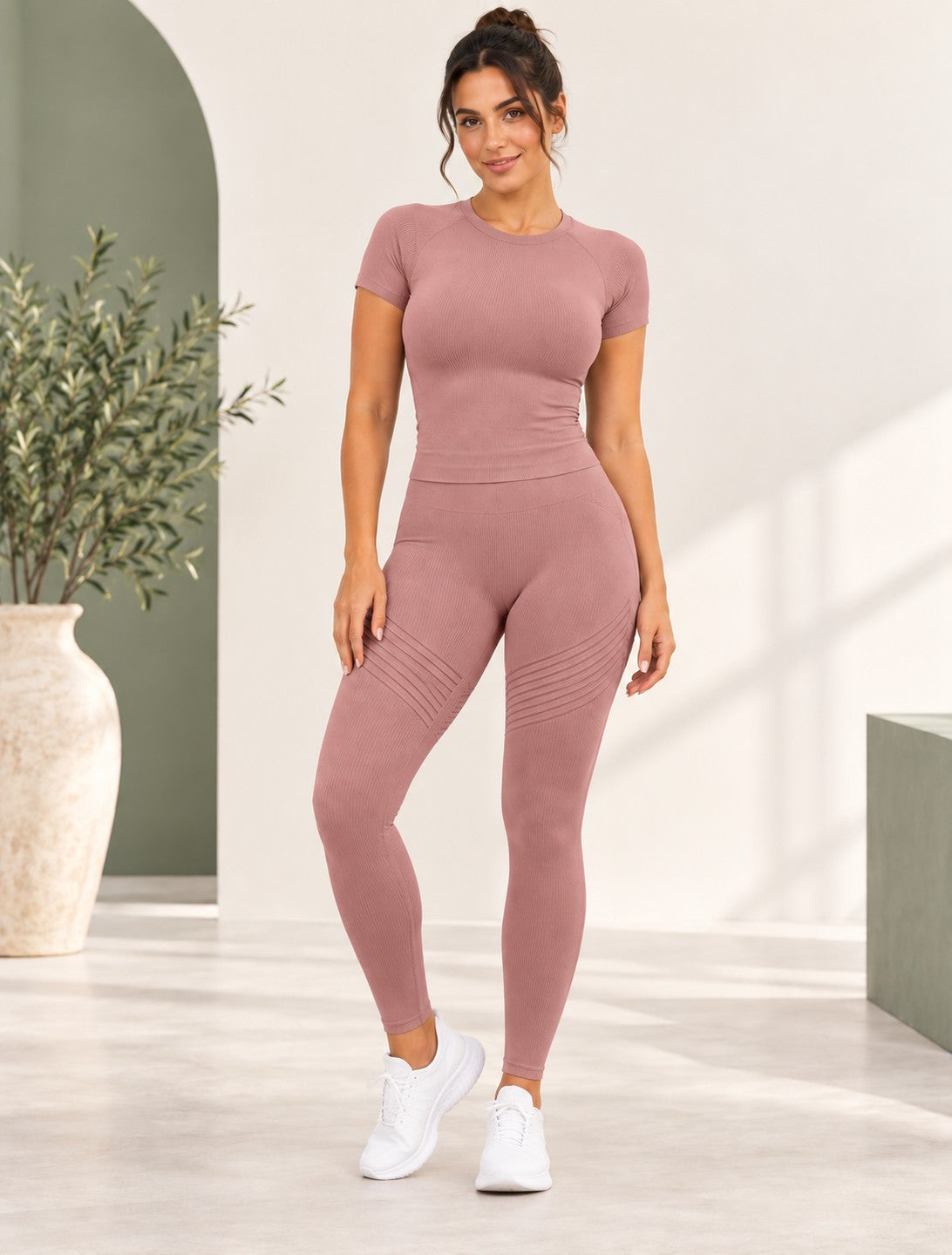 Set Vivazee rosa antico: leggings scolpenti 3D e t-shirt senza cuciture
