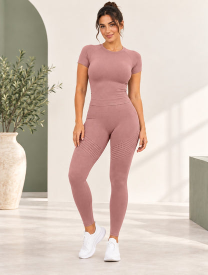 Set Vivazee rosa antico: leggings scolpenti 3D e t-shirt senza cuciture