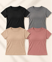 T-shirt sportiva senza cuciture nei colori nero, grigio, beige e rosa antico