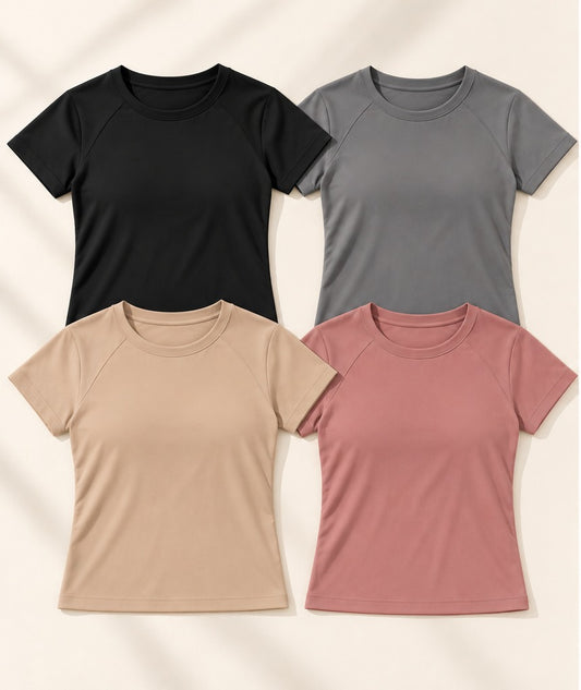 T-shirt sportiva senza cuciture nei colori nero, grigio, beige e rosa antico